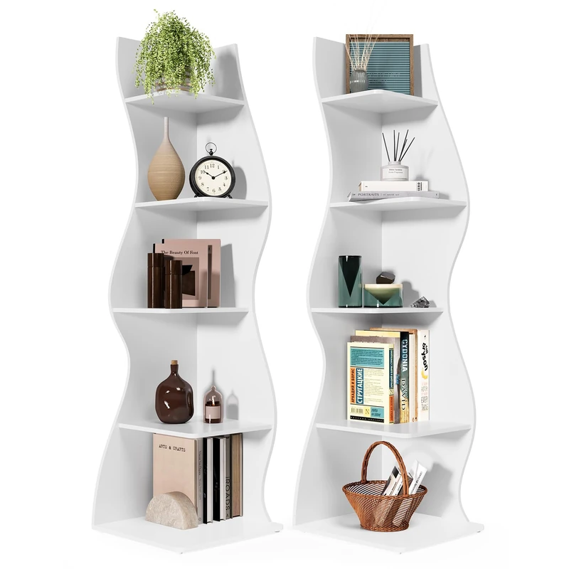 LITTLE TREE 70-Inch Corner Shelf, Seaweed Shaped Etagere Display Bookshelf, Freestanding 5-Tier Wall Shelves for Small Spaces, Living Room, Bedroom, White, 2 Pack