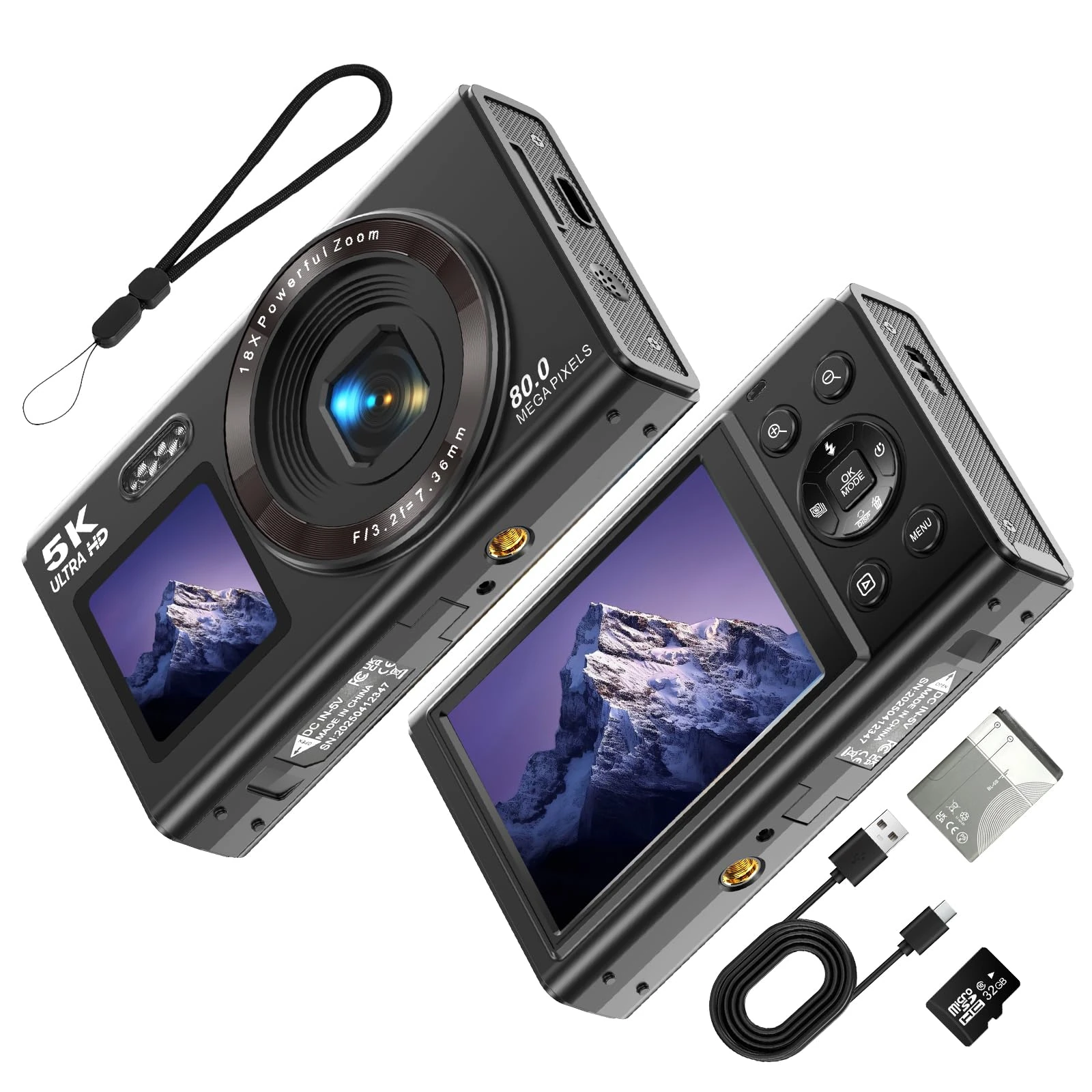 Digital Camera, 5K 80MP for Photography with 2.8" LCD Screen, WIFI Transmission, 18X Digital Zoom, Portable Mini Camera with 19 Types of Filters, 32gb TF Card for Kids, Beginners, Teens, Adul