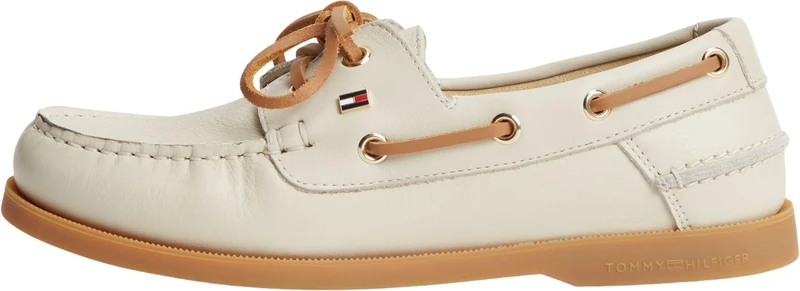 Tommy Hilfiger Women Th Flag Boat Shoe Core Leather FW0FW09463 Boat Shoes, Beige, 6.5