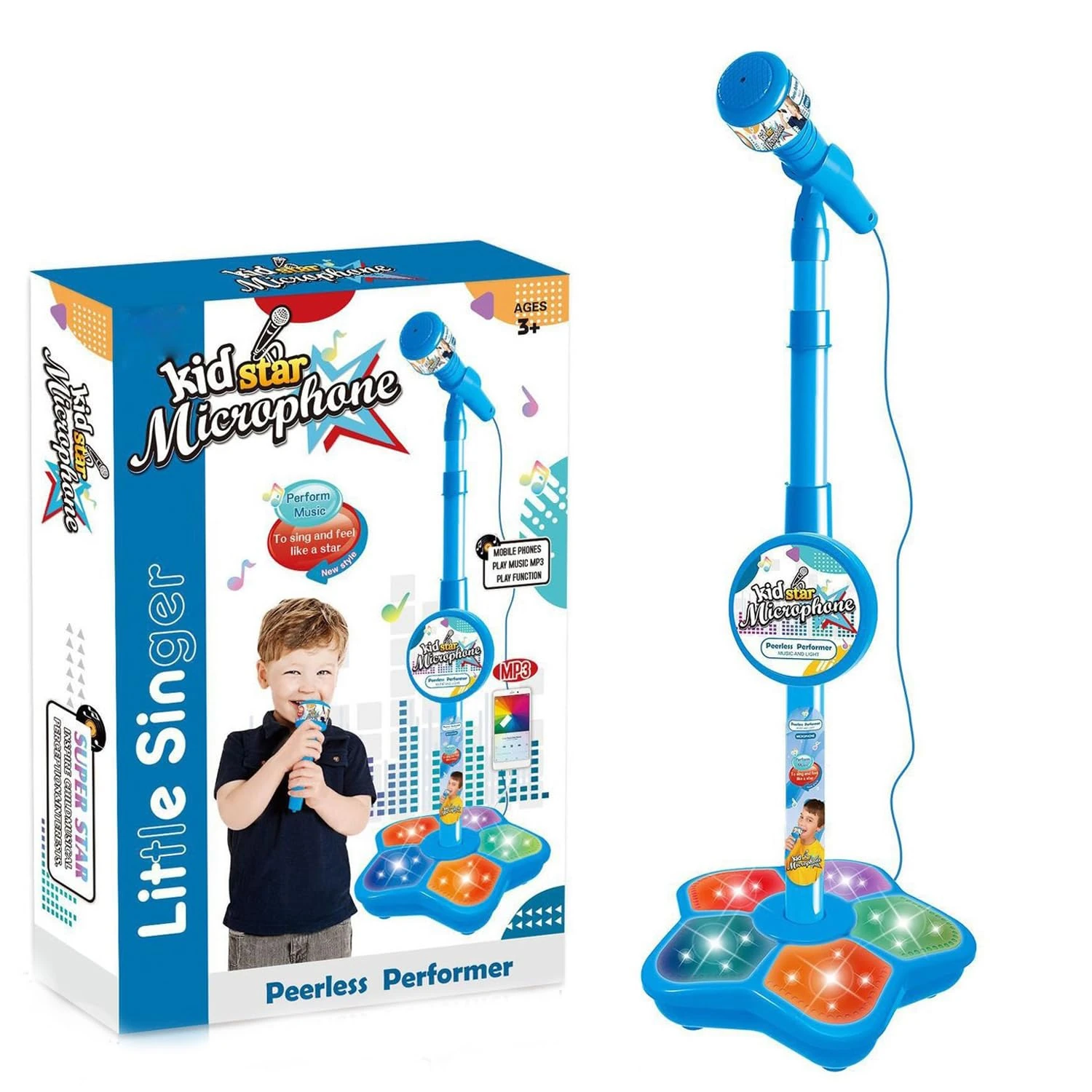 Kids Microphone with Stand, Portable Karaoke Machine for Kids with Adjustable Height & Flashing Stage Lights- Sing Musical Toy for Girls Boys Singing, Creative Play, Party Fun (Blue)