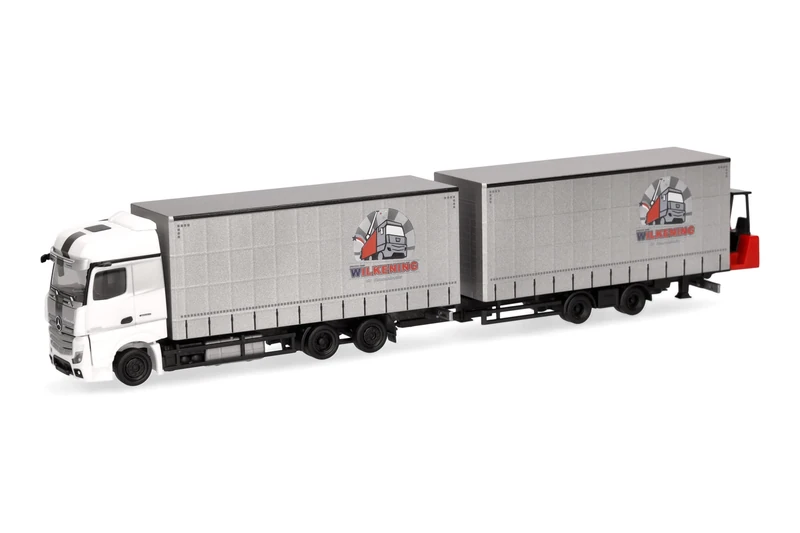 Herpa truck model Mercedes-Benz Actros Bigspace volume curtain canvas trailer truck with tail lift, on a scale of 1:87, plastic miniature, made in Germany, model building, collectors edition