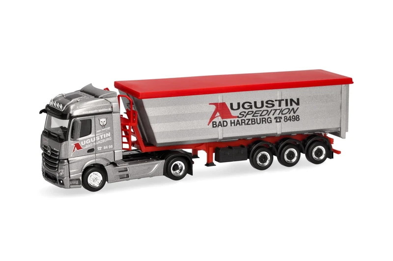Herpa truck model Mercedes-Benz Actros Streamspace steel dumper semitrailer "Augustin Spedition", on a scale of 1:87, plastic miniature, made in Germany, model building, collectors edition