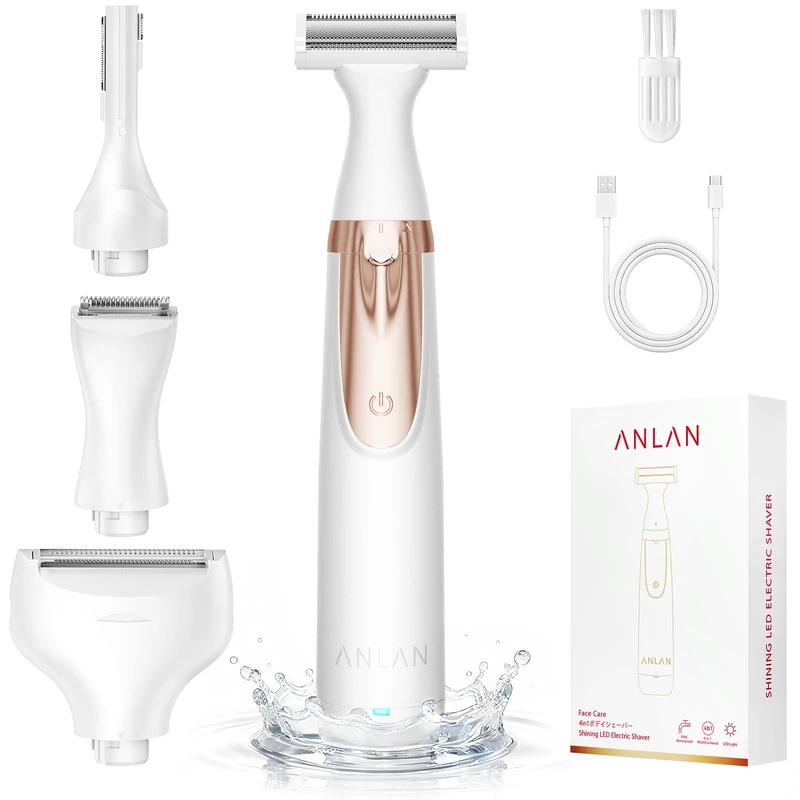 ANLAN 4-in-1 Bikini Trimmer Women, Electric Lady Shaver for Women with LED Display, Wet & Dry Use, IPX6 Waterproof, USB-C Charging,0mm Comb for Legs, Underarms, Body & Intimate Areas