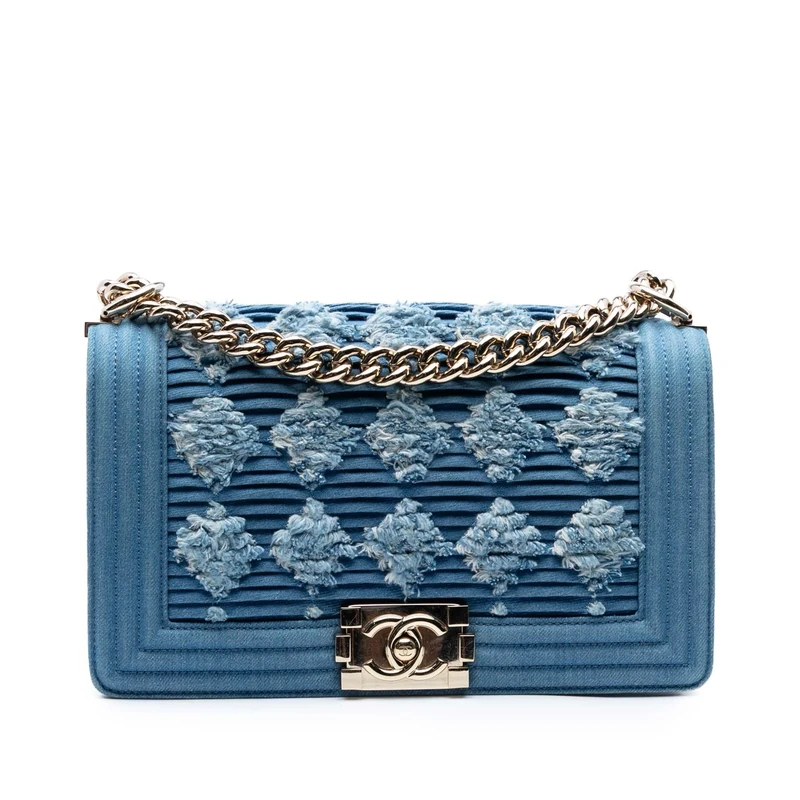 Chanel Pre-Loved Old Medium Pleated Denim Boy Flap Crossbody Bag