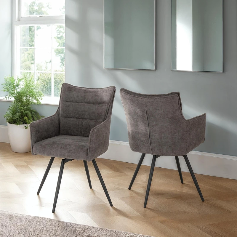 Seconique Lewis Carver (Armchair) Swivel Chair Pair (Box Of 2) In Grey Fabric