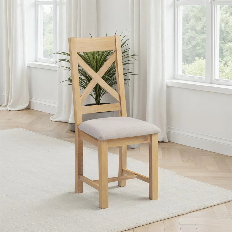 Seconique Windsor Cross Back Dining Chair Pair Box of 2 in Natural Oak/Oat Fabric