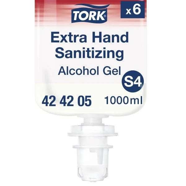 Tork Extra Hand Sanitizing Alcohol Gel S4, No Sticky Residue, 6 x 1000ml, 424205