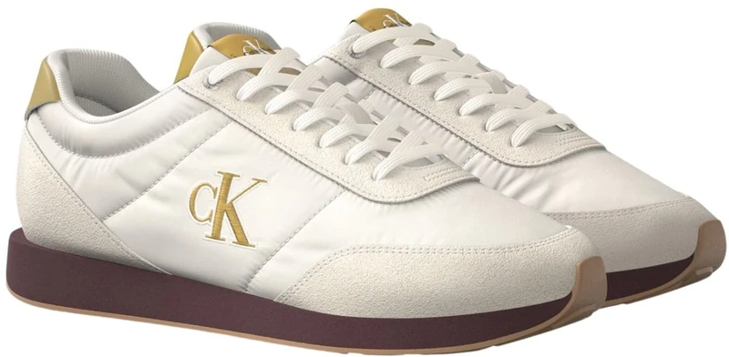 Calvin Klein Men's Retro Runner Ess Mix Mat Ym0Ym01361 Low Top, Gold (White Swan/Tofu/Amber Gold), 12