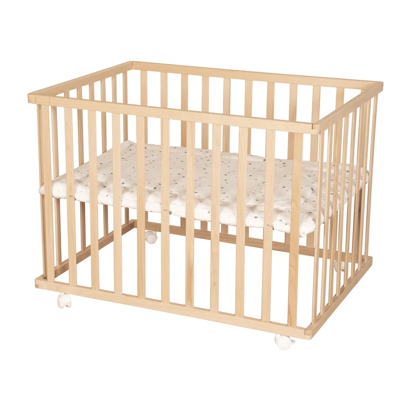 roba Playpen 75 × 100 cm with 'Sternenzauber grau' Insert – Playpen with Protective Padding and Lockable Wheels – Height-Adjustable & Mobile – Natural Wood