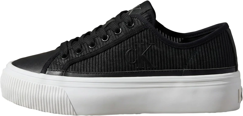 Calvin Klein Women's Platform Trainers Vulcanised Lace-up Striped Nylon Ribbed, Black (Ck Black), 8