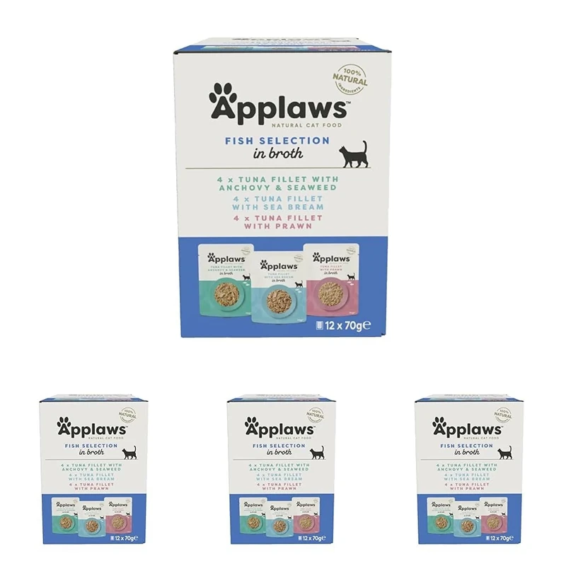 Applaws 100% Natural Wet Cat Food, Pouch Multipack Tuna Selection in Broth, 70 g (12 x 70 g Pouches) (Pack of 4)