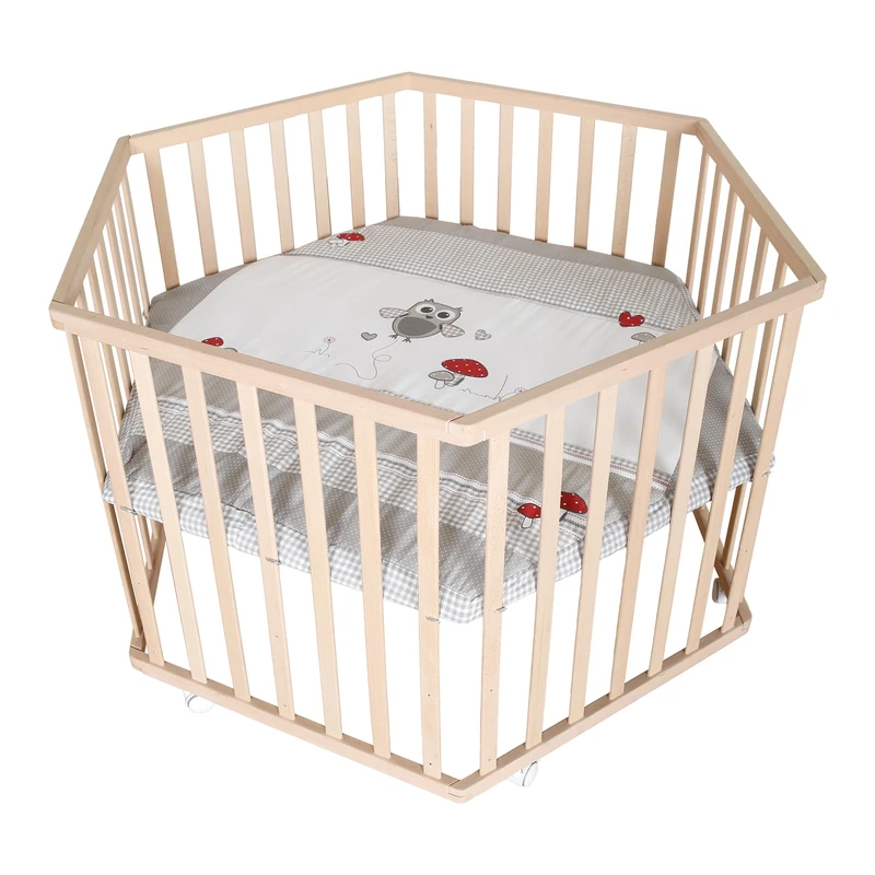 roba Playpen 'Adam & Eule' - Hexagonal Baby Play Yard - Safe Playpen incl. Protective Insert - Mobile with Wheels - Natural Wood