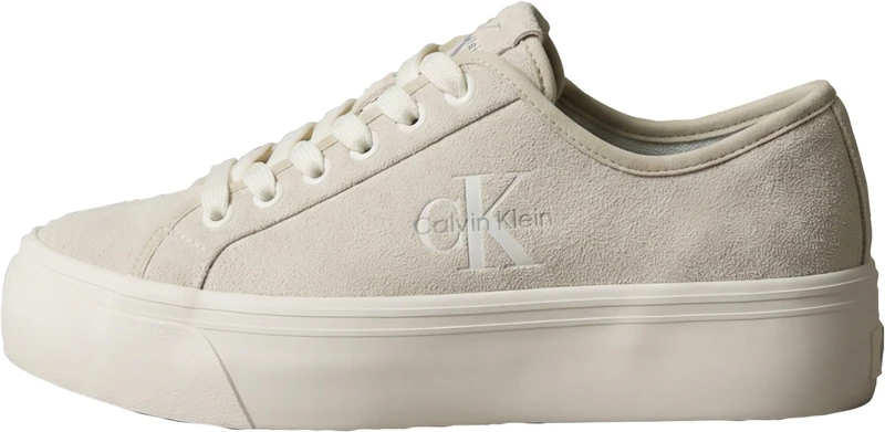 Calvin Klein Women's Vulc Flatf Laceup Suede HW0HW03088 Low Top, White (Marshmallow), 6