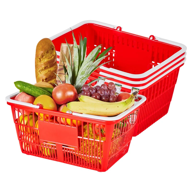 VEVOR Shopping Baskets, 4 PCS, 21L Stackable PE Plastic Grocery Baskets with Handles, Dense Mesh Structure, Holds up to 9.07kg, Portable for Grocery, Retail, Stores, Supermarket, Home Use, Red