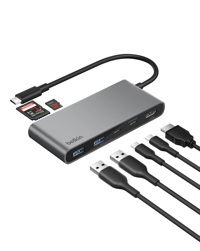 Belkin USB C Hub, 7-Port Hub w/ 4K HDMI Display @ 60Hz, SD & MicroSD, 100W Power Delivery, Fast Data Transfer 5Gbps, USB C Multiport Adapter for MacBook, iPad Pro, Chromebook - HDMI 2.0 - Grey