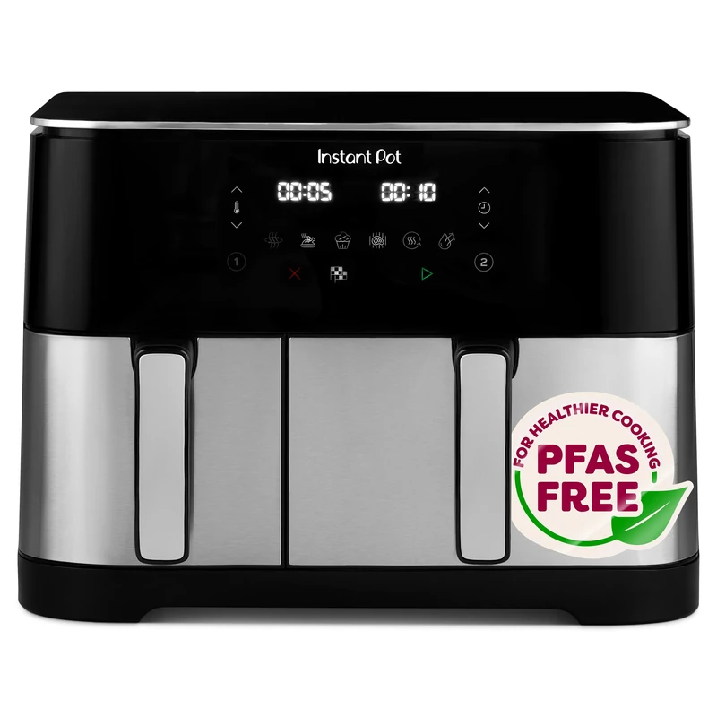 Instant Pot Dual Vortex Air Fryer, PFAS Free, Large 11L, Twin 7L and 4L Baskets, 8-in-1, Dehydrate, Grill, Bake, Roast, Reheat, Non-Stick, Easy Clean, Dishwasher Safe, Stainless Steel