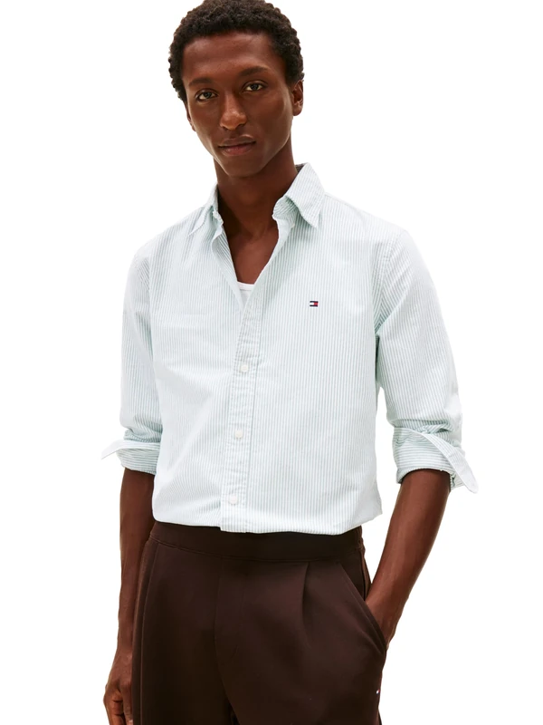 Tommy Hilfiger Men's Heritage Oxford Stripe Regular Long Sleeve Shirts, Nouveau Green/White Medium