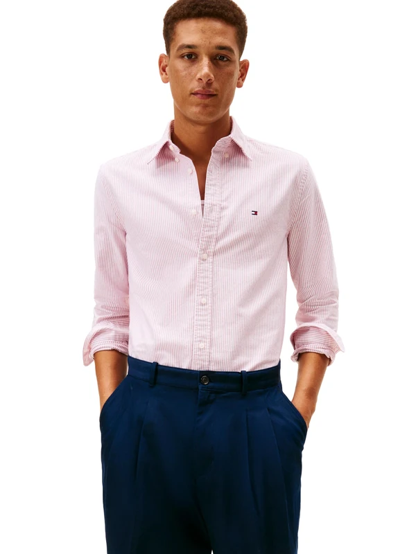 Tommy Hilfiger Men's Heritage Oxford Stripe Regular Long Sleeve Shirts, Medium RED/White Large