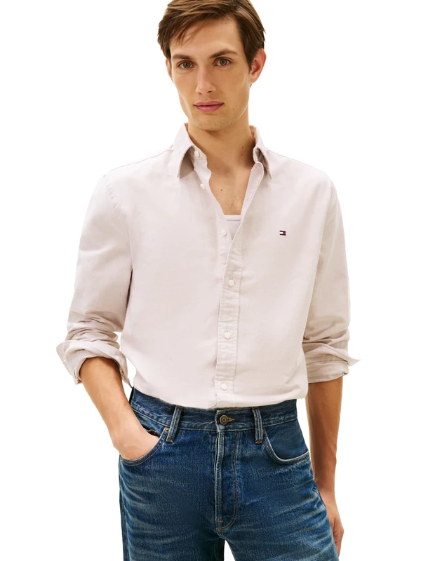 Tommy Hilfiger Men's Heritage Oxford Solid Regular Long Sleeve Shirts, Safari Canvas X-Large