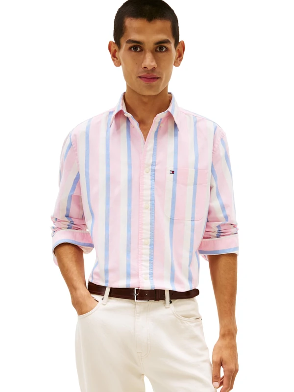 Tommy Hilfiger Men's Heritage Oxford Stripe Regular Long Sleeve Shirts, Rose Petal/Multi Stripe Medium