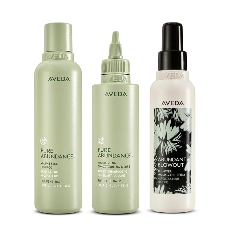 Aveda Pure Abundance Volumising Shampoo, Conditioning Rinse + Abundant Blowout Full Size Set | For Fine Hair | Vegan