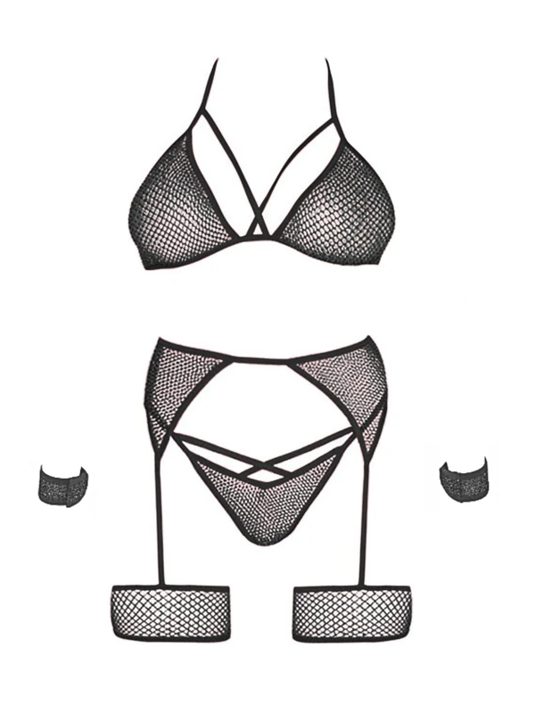 Leg Avenue Women’s Net Bra Top, String and Harness Set, Black/Silver, One Size - Image 1