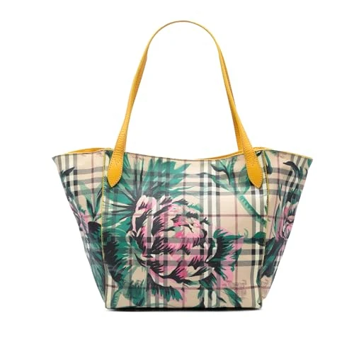 BURBERRY Pre-Loved Small Haymarket Check Floral Print Coated Canvas Canterbury Tote Bag