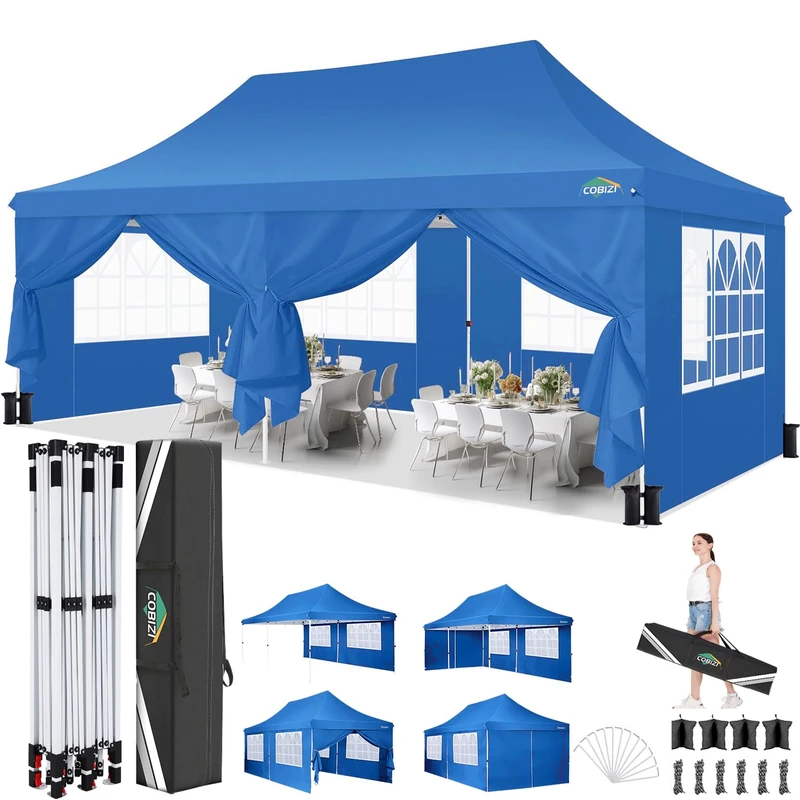 3 x 6 m Gazebo, COBIZI Folding Gazebo, 3 x 6 cm, Waterproof, Stable with 6 Side Panels, Upgrade High Roof and Carry Bag, Garden Gazebo, Party Tent for Garden, Party, Festival, Wedding, UV80+