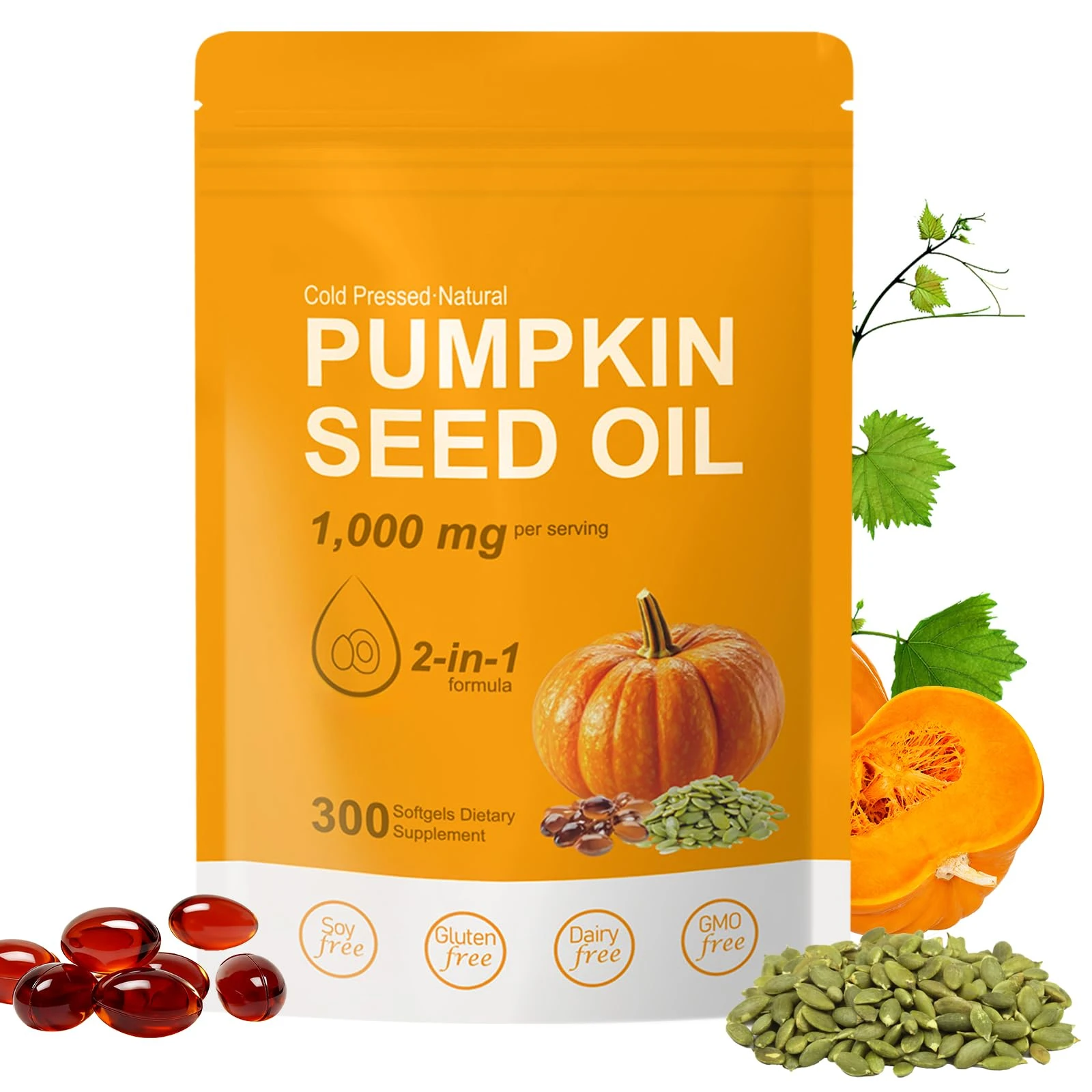 Pumpkin Seed Oil Capsules|1000mg Per Serving|2 in 1 Pumpkins Seed Oil Extract for Hair Health, Skin&Nails Support |Cold Pressed,with Fatty Acids|300 Softgels|Non-GMO, Gluten Free