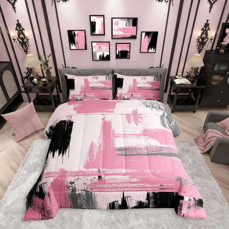 Erosebridal Pink Abstract Comforter Set Queen Size Girls Pink and Black Comforter Set for Kids Teens Adults Girly Geometric Modern Bedding Sets Minimalists Modern Striped Art Quilt Sets for Women Men