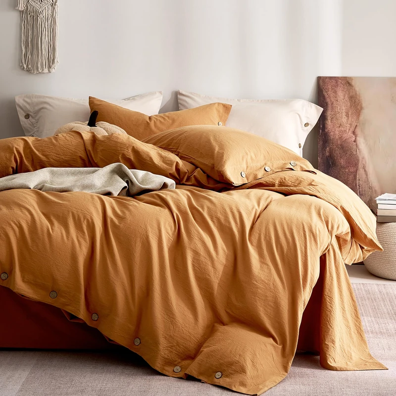 JELLYMONI 100% Washed Cotton Duvet Cover Full– Soft & Breathable Linen-Look Bedding for Cozy Bedrooms and All-Season Comfort, Natural Wrinkle Texture, Button Closure, 3PCS Set (Amber Orange, 80"×90")