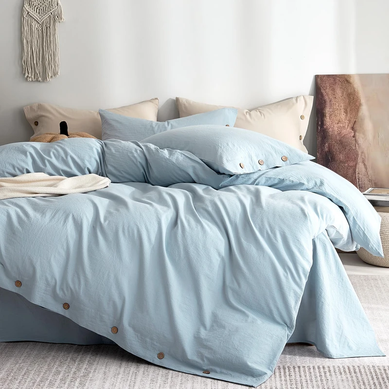 JELLYMONI Mist Blue 100% Washed Cotton Duvet Cover with Button Closure Full Size