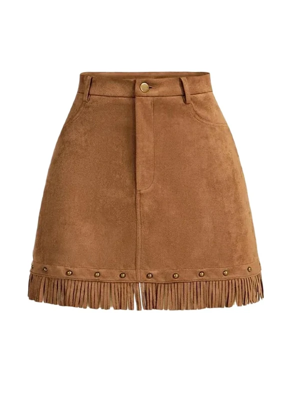 Women Mini A-Line Skirt Vintage Rivet Tassel Mini High Waist Slim Fit Skirt Spring Fall
