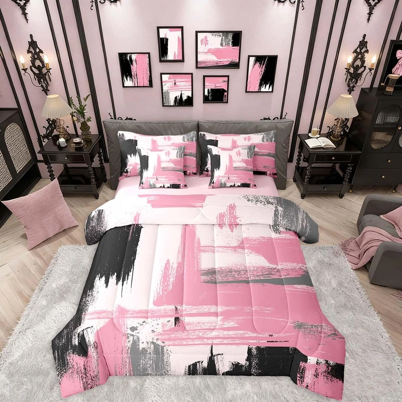 Erosebridal 7 Pieces Pink and Black Abstract Comforter Set Twin Black and Pink Comforter Set for Kids Girls Women Geometric Modern Art Bedding Set for Boys Teens Adults Girly Fashion Bed in A Bag