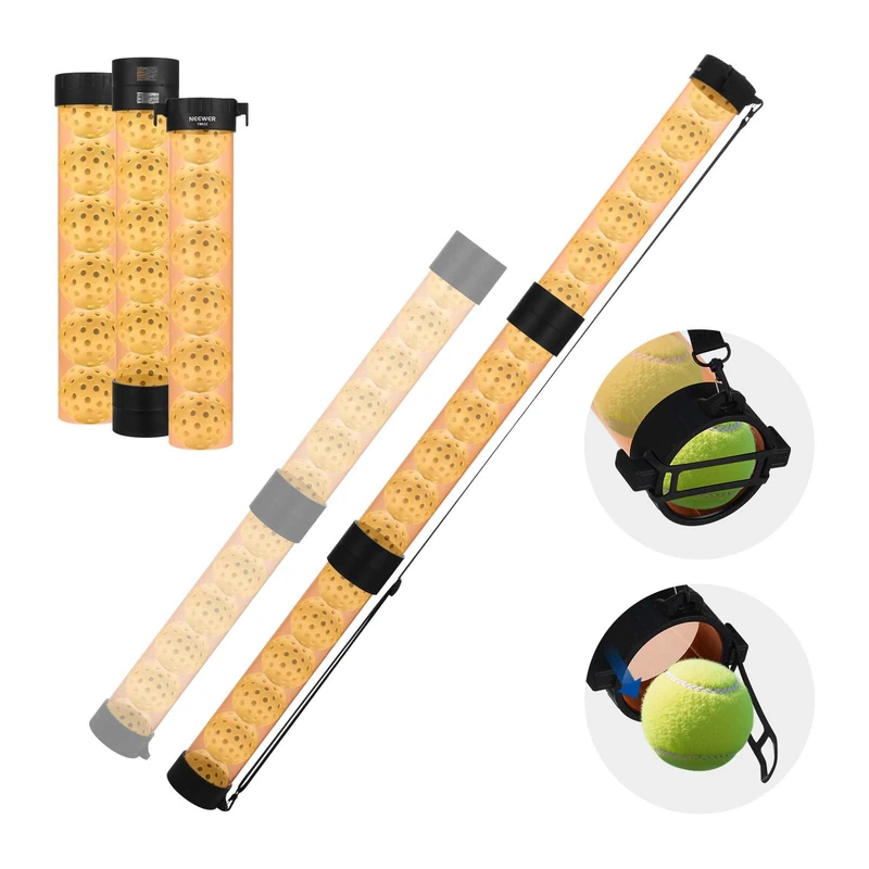 NEEWER Tube Ball Collector for 18 Tennis Balls and 15 Pickleballs, 3 Sections Removable and Anti-Folding Pickup, Top Collector with Stop and Shoulder Strap, Orange, TB02Z