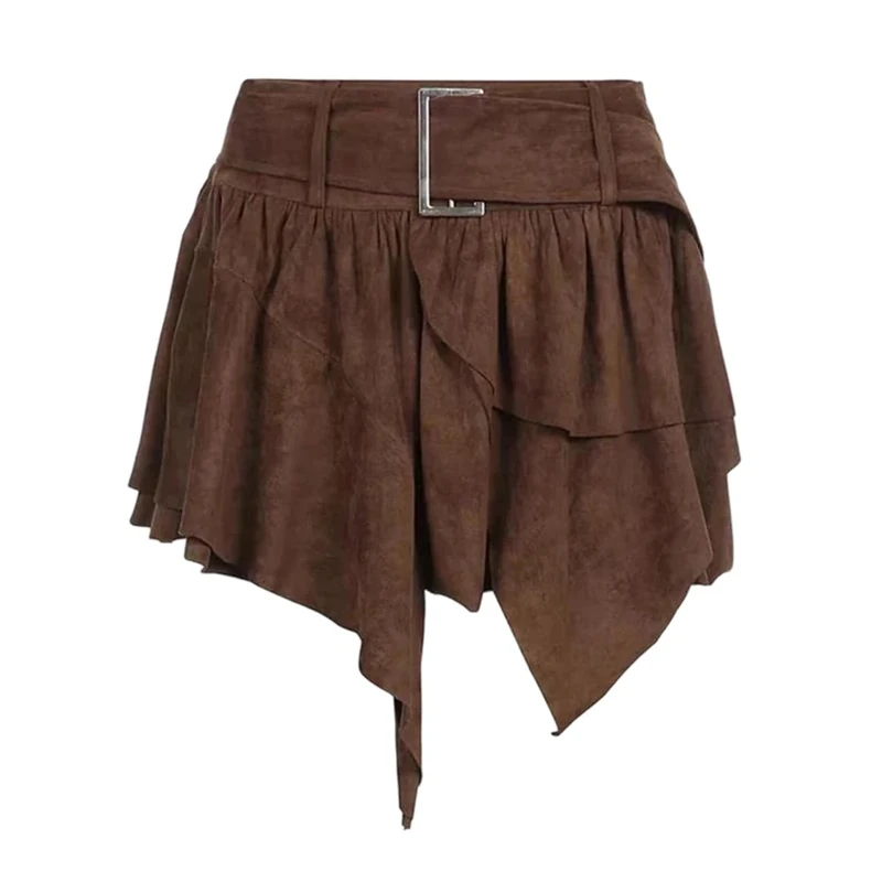 Women Vintage Synthetic Suede Irregular Skirts Sashes Casual Mini Ruffles Skirts Solid High Waist A-Line Skirt Dark Brown