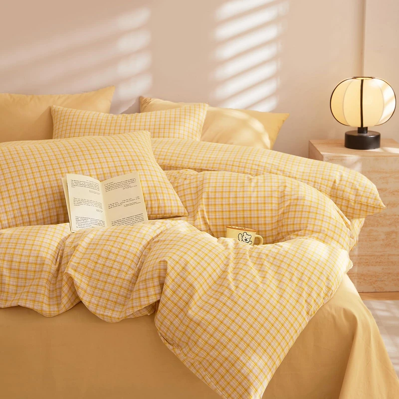 EAVD Orange Gingham Duvet Cover King Size Washed Cotton Bedding Set 3 Pieces Grid Plaid Duvet Cover Set Modern Grid Checkered Bedding Set with 2 Pillowcases Farmhouse Gingham Comforter Cover