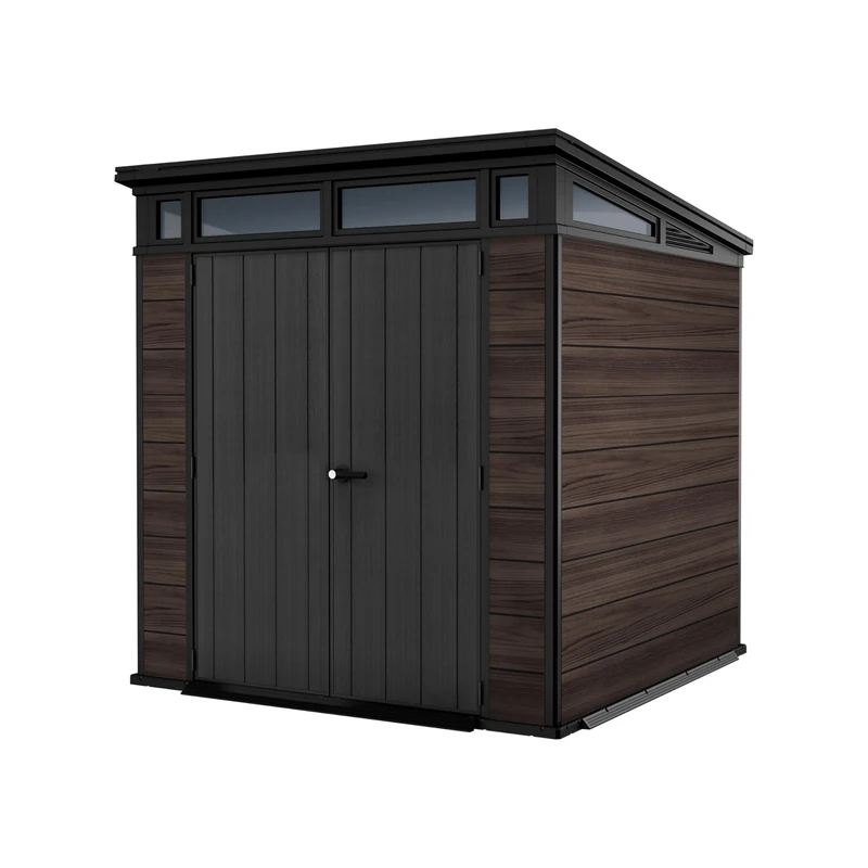 Keter Signature 7x7ft Pent Shed - Rosewood| Premium Weather‑Resistant Outdoor Storage with Steel‑Reinforced Roof & Lockable Double Doors