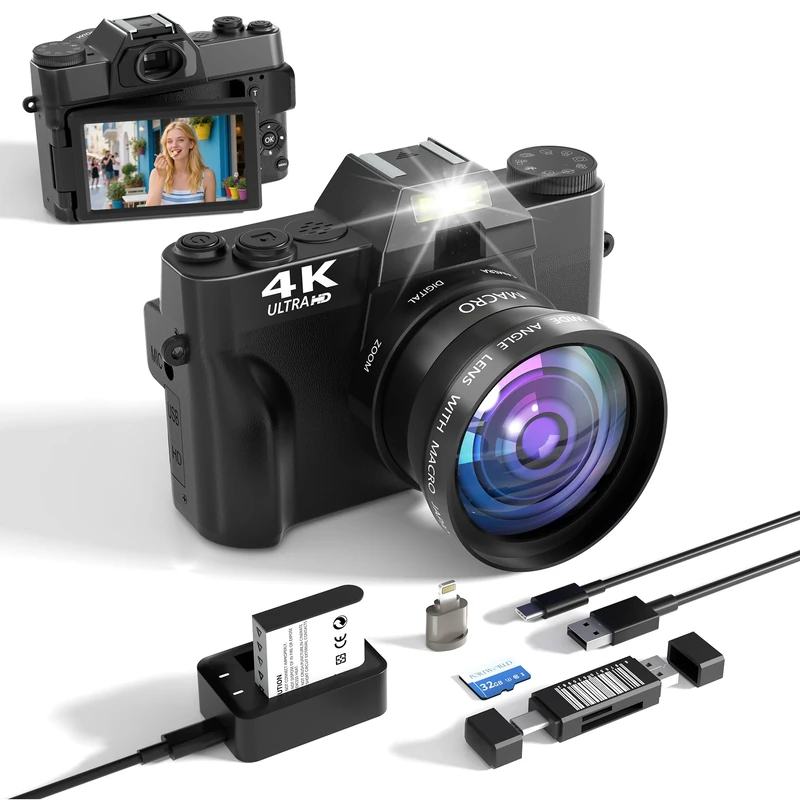 4K Digital Camera for Photography and Video, Point and Shoot Digital Cameras with Flip Screen, Wide-angle Lens, with WiFi, Vlogging Camera for YouTube Video Recording, Card Reader