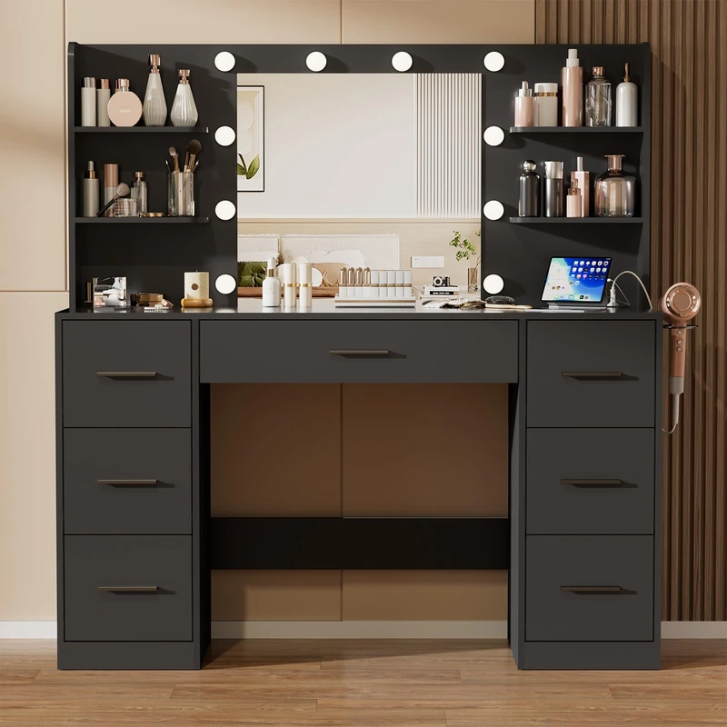 JUMMICO Dressing Table with Mirror and 10 LED Lights,3 Colors Adjustable Brightness,Vanity Desk with 7 Drawers,Makeup Vanity with Power Outlet and Open Shelves,Modern Furniture for Bedroom（Black）