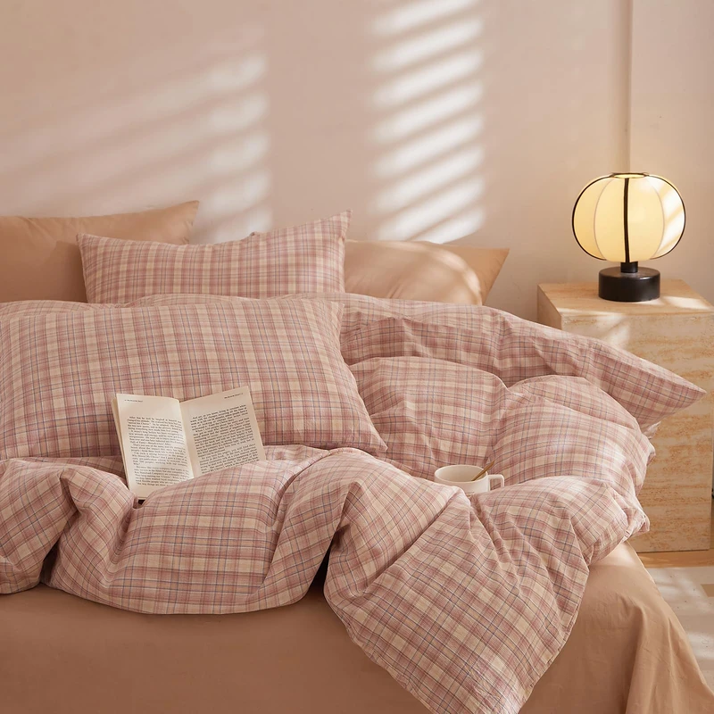 EAVD Pink Gingham Duvet Cover Twin Soft Washed Cotton Reversible Grid Plaid Bedding Set with 2 Pillowcases Modern Checkered Grid Duvet Cover with Zipper Farmhouse Gingham Bedding Set for All-Season