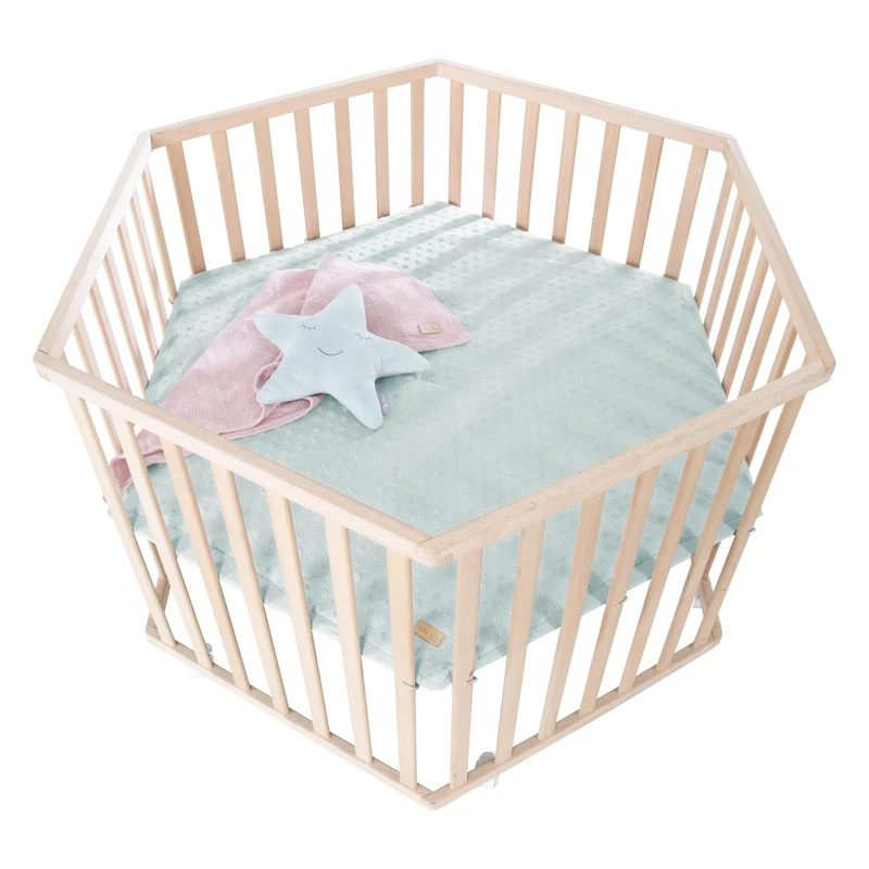 roba Hexagonal Playpen + Protective Insert 'Lil Planet' Frosty Green - Play Yard Made of Beech Wood - Height Adjustable - Solid Wood - Image 1