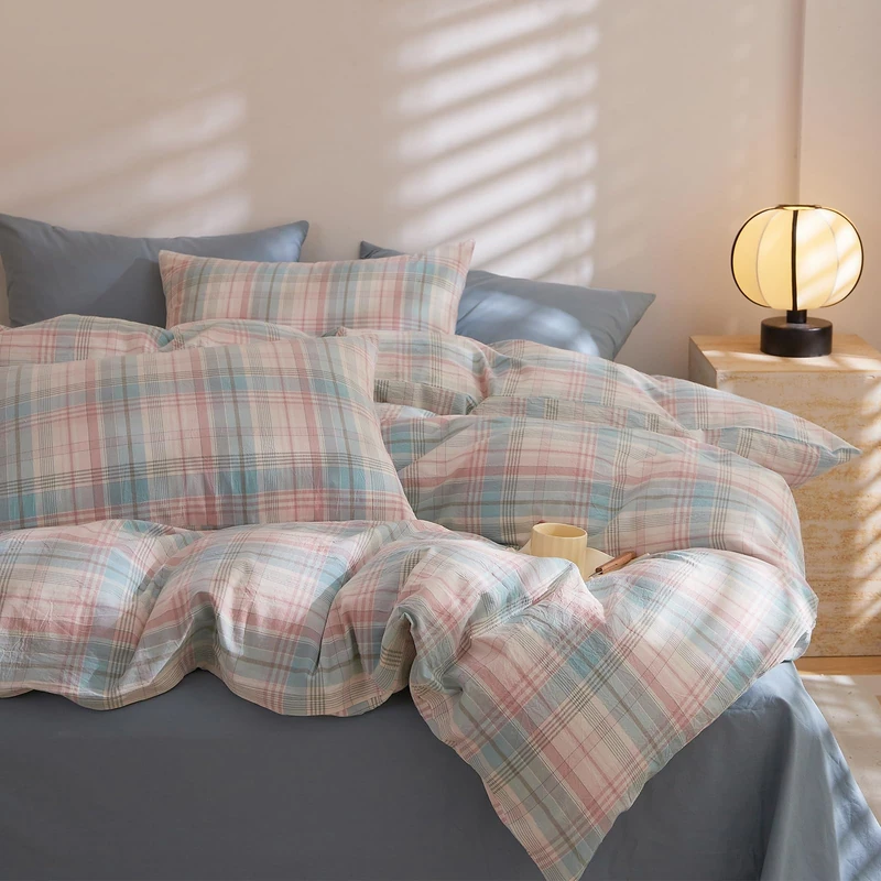 EAVD Cotton Grid Plaid Duvet Cover Queen Size Colorful Gingham Duvet Cover Set 3 Pieces Modern Grid Checkered Bedding Set with 2 Pillowcases Reversible Gingham Bedding Set for Girls Boys Women Men