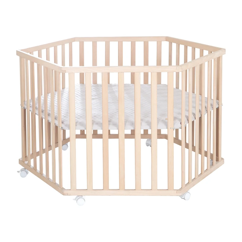 roba Hexagonal Playpen + Protective Insert 'Lil Planet' Grey - Play Yard Made of Beech Wood - Height Adjustable - Solid Wood