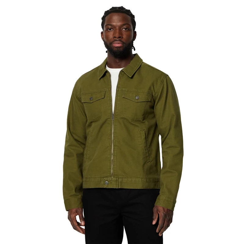 Amazon Essentials Men's Cotton Canvas Zip-Front Trucker Jacket, Dark Olive, XS