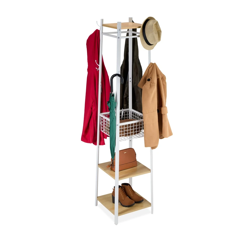 Relaxdays coat stand, 3 shelves and 8 hooks, HWD: 181x43x43 cm, coat stand with basket, hallway, metal, white-wood