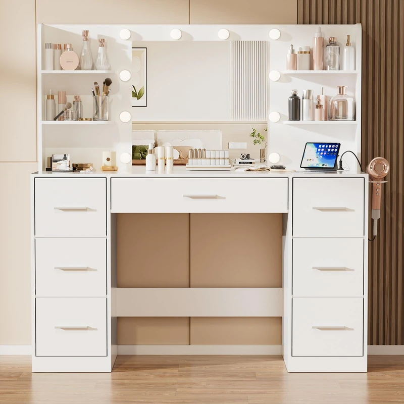 JUMMICO Dressing Table with Mirror and 10 LED Lights,3 Colors Adjustable Brightness,Vanity Desk with 7 Drawers,Makeup Vanity with Power Outlet and Open Shelves,Modern Furniture for Bedroom（White）