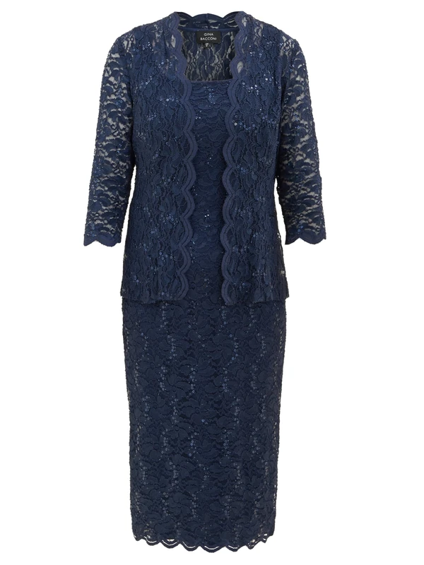 Gina Bacconi Women's Sequin Lace Shift Dress and Jacket Cocktail, Navy, 20