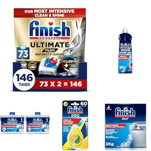 Finish Ultimate PlusBundle of Finish Dishwasher Tablet, Ultimate Plus Infinity Shine, 146 Tabs (73 x 2pck), with Rinse Aid 800ml, Salt 2KG, Dishwasher Freshener Lemon & Twin Pack Dishwasher Cleaner