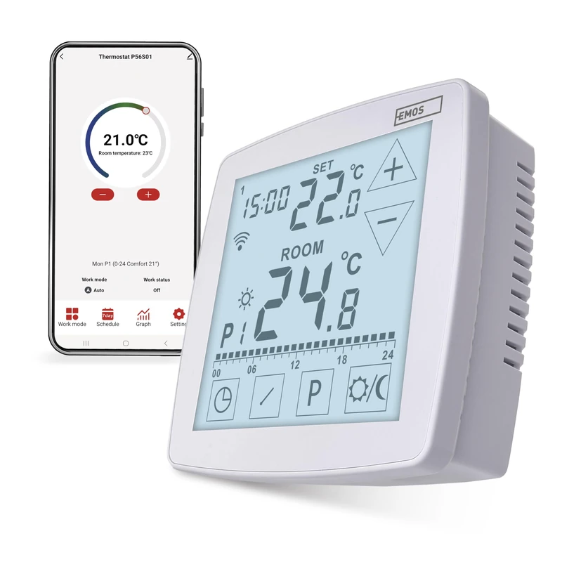 EMOS GoSmart Home Room Thermostat with App, WiFi, Open Thermal Thermostat with Sensor for Underfloor Heating, Touch Control, Energy-Saving, Tuya, Smart Life, Google Assistant and Alexa Compatible